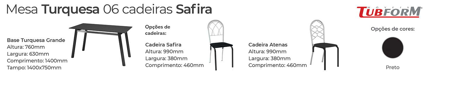 MEDIDAS MESA TURQUESA CADEIRAS SAFIRA TPO GARNITO PRETO